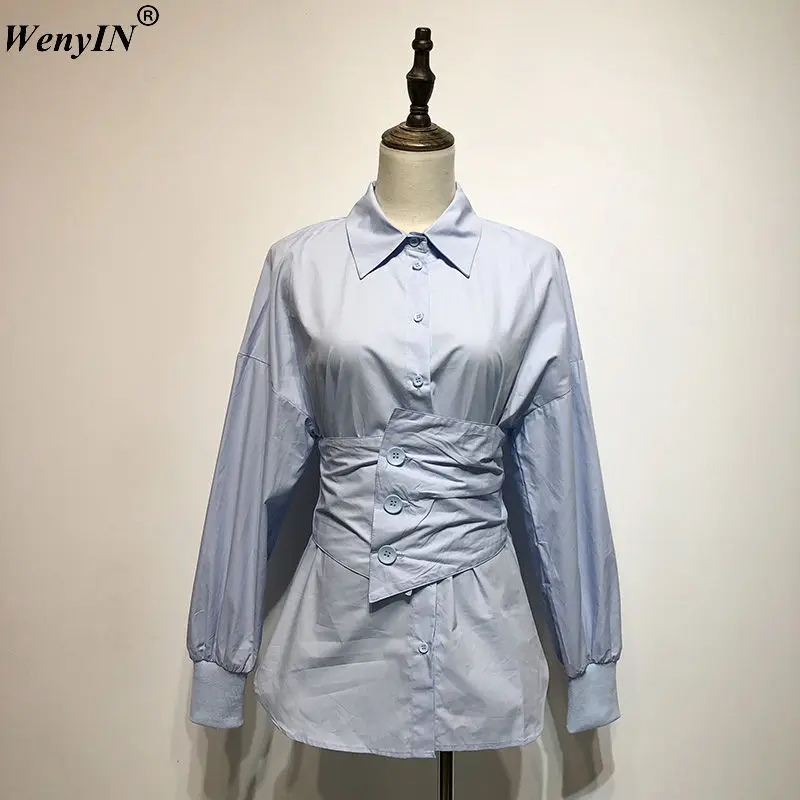 WENYIN/2018 Осенняя мода уличная Кнопка Пояс Блузка Для женщин blusas рубашка Топы WY-580 |