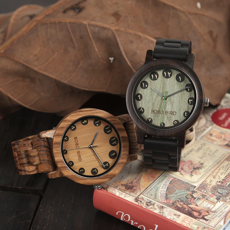BOBO BIRD WN24N25 Wood Watch Zabra Ebony Wooden Watches for Men Eastern Arabic Numerals Dial Watch with Tool for Adjusting Size