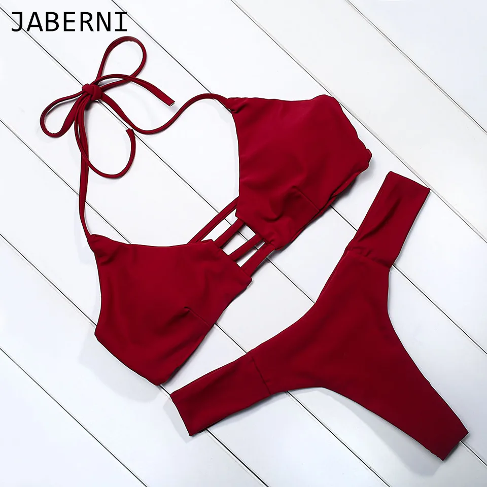 

JABERNI Bikinis Women 2017 Sexy Swimwear Swimsuit Bikini Bet Halt Top Solid Low Waist Swimsuit Bikini New Arrival
