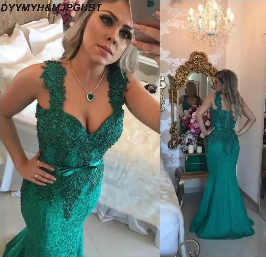 Long Mermaid Dresses Evening Wear Hunter Green 2017 Queen Anne Sweetheart Prom Dress with Beaded Lace Formal Evening Dresses Low Back_1