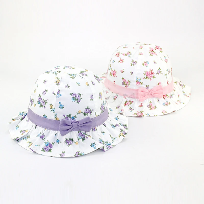 Flower Bow Baby Girls Hat Ruffles Floral For Cotton Lace Up Fisher Fashion Purple Pink Sun Caps Spring Summer | Детская одежда и