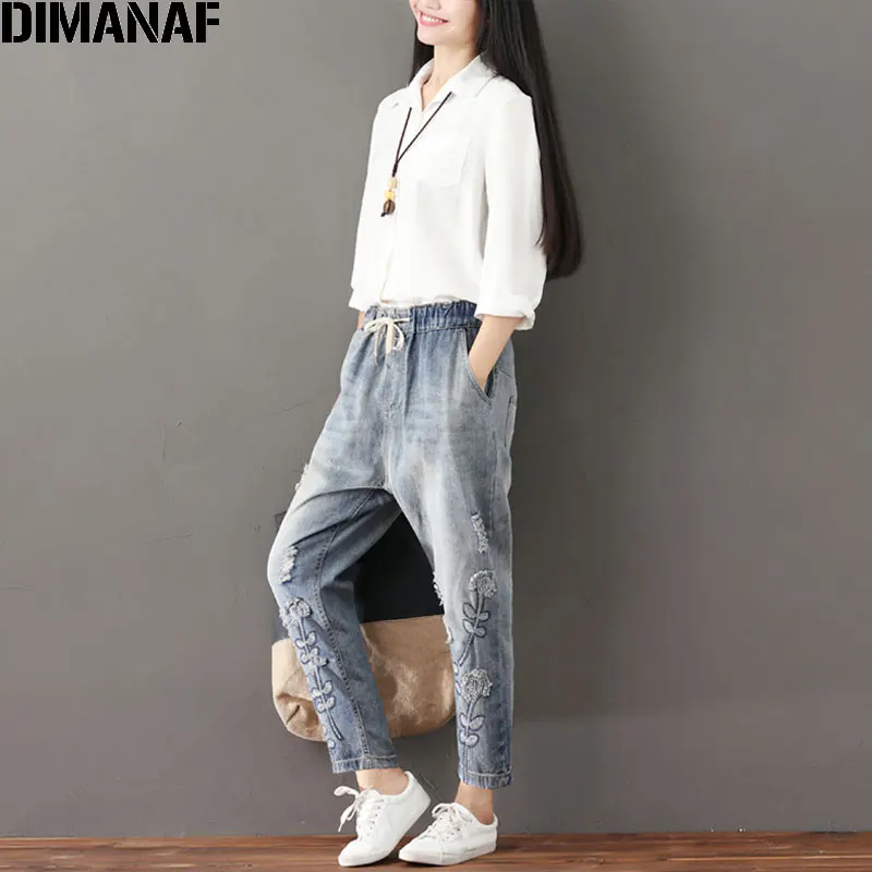 DIMANAF Plus Size Women Jeans Autumn Hole Harem Pants Floral Elastic Waist Show Thin Vintage Capris Pants Blue New Jeans - Цвет: ZHI5001