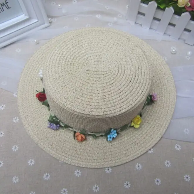 Летние шапки для девочек модные однотонные детские шапки пляжная гирлянда соломенные шляпы окружность шляпы 53-54 см - Цвет: Children beige