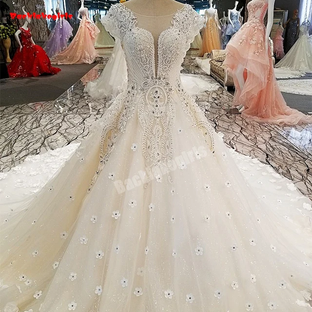 

00270 Floor Length Wedding Dress With Long Tail Heavy Beading Crystal Beaded Flowers Bridal Gown