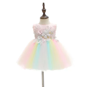

Baby Kids Girl Dresses Wedding Rainbow Newborn Baby Clothes Birthday Party Dress Infant Mesh &Lace Princess Dress Girl Clothing