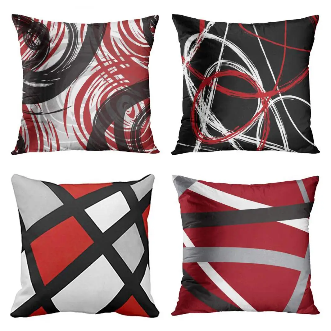 Pillow Covers Red Black White Gray Pattern Retro Abstract Stripes