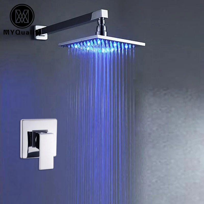 Chrome Finish Wall/ceiling Mounted Bathroom Shower faucet 8" Rain LED