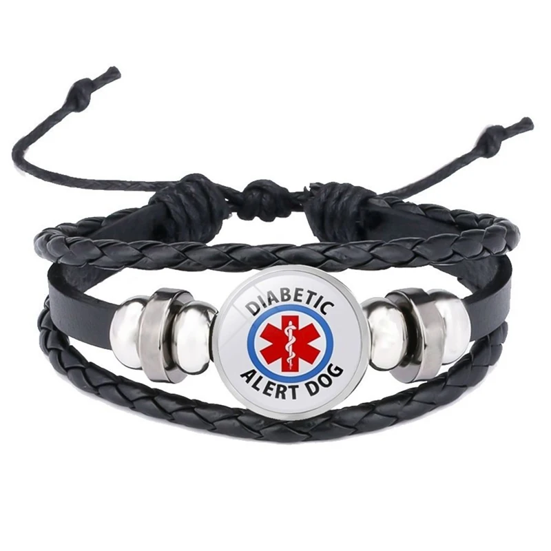 

Type 1 Medical Alert Red Black Glass Cabochon Outdoor Survival Paracord Charm 3 layers Bracelets Men Women Jewelry