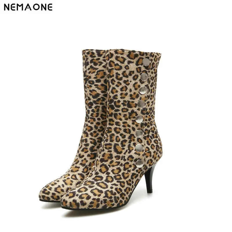 

2019 high Heel Women Shoes sexy leopard mid-calf Boots woman rouned Toe Women Boots gray red yellow large Size 34-43
