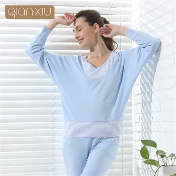 

Qianxiu Brand Pijamas Women Contrast Color Stripe Long - Sleeved Lounge Wear Patchwork V-neck Sleepwear Modal Cotton Pajamas