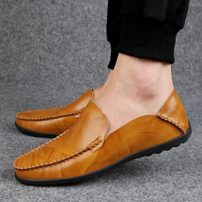 JUNJARM/мужские лоферы ручной работы из спилковой кожи, мужская повседневная обувь, дышащая повседневная мужская обувь без шнуровки, Мокасины, большие размеры 38-46