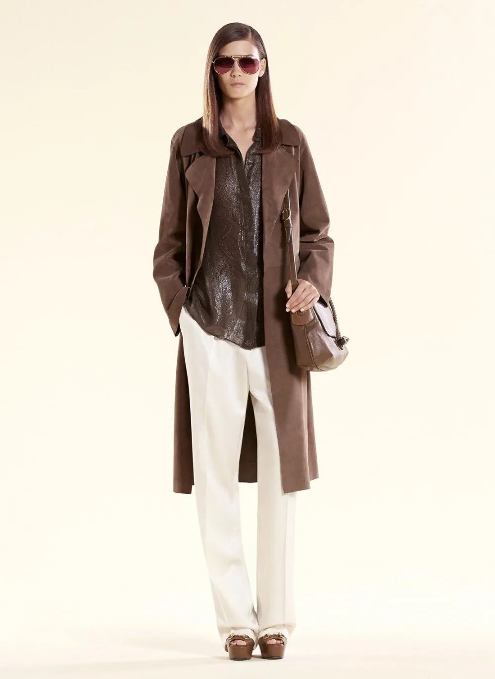arlene sain Runway Ash Brown Suede Belted Trench Coat with flannal lining