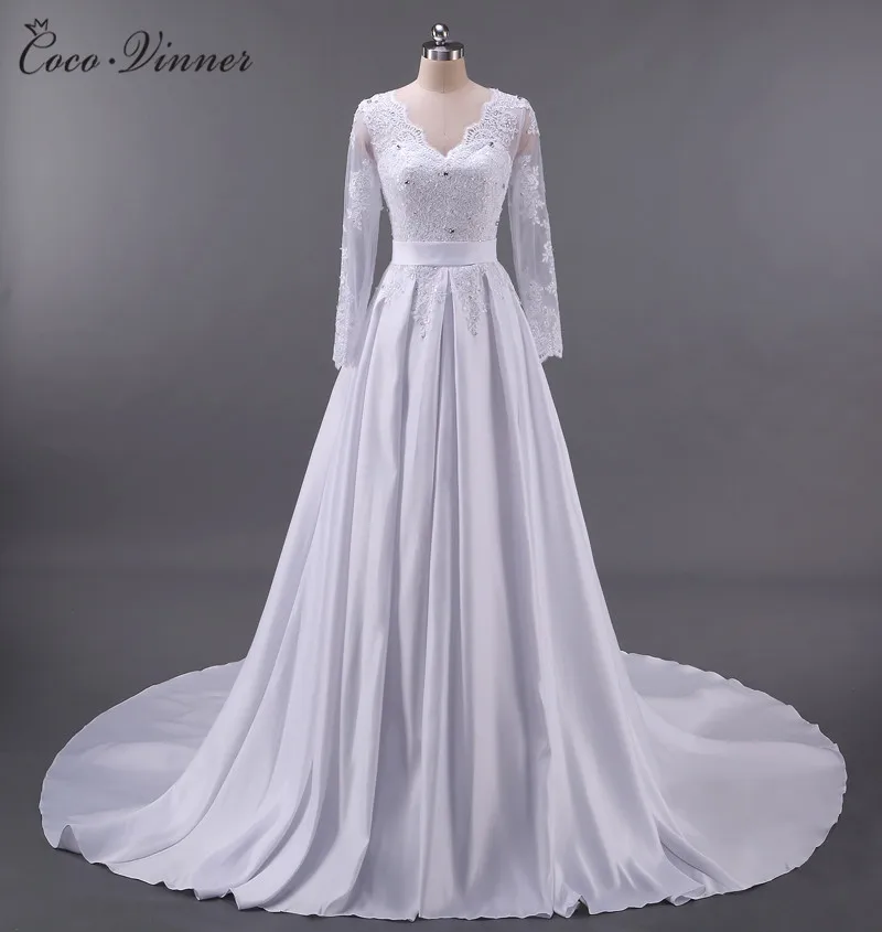Европейский стиль, v-образный вырез, длинный рукав, кружева, Аппликации, плюс размер, свадебное платье A line, атласное свадебное платье свадьба, платья W0040