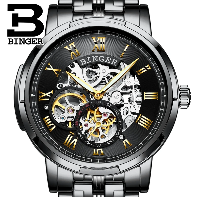 Swizerland بينغر العلامة التجارية الرجال الذاتي الرياح التلقائي ساعات آلية الأزياء مزدوجة الهيكل العظمي الذكور الصلب مضيئة للماء ووتش