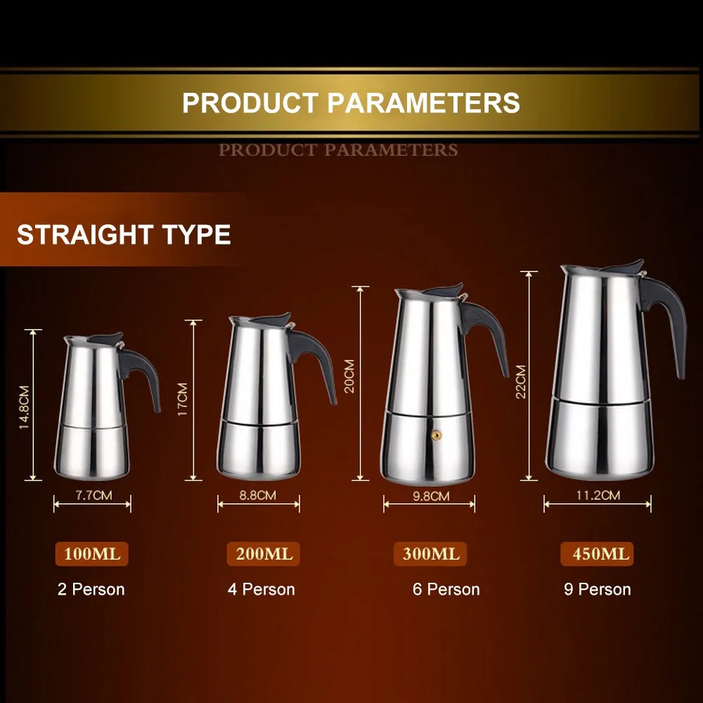 

Portable Espresso Coffee Maker Moka Pot Stainless Steel Coffee Brewer Kettle Pot For Pro Barista 100ml/200ml/300ml/450ml