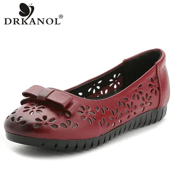

DRKANOL Summer Slip On Flats Breathable Hollow Out Women Flat Loafers Shoes Round Toe Bow-knot Soft Genuine Leather Casual Shoes