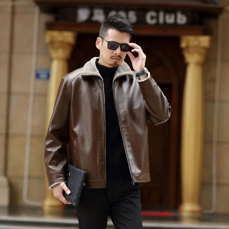 New Arrive Mens Leather Jacket Men Coats Brand High Quality PU Outerwear Men Business Winter Faux Fur Male Jacket Fleece APU12