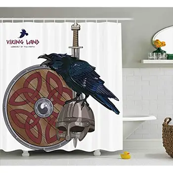 

Vixm Viking by Raven on Steel Helmet Nordic Sword Shield Scandinavian Army Medieval Armour Fabric Shower Curtains