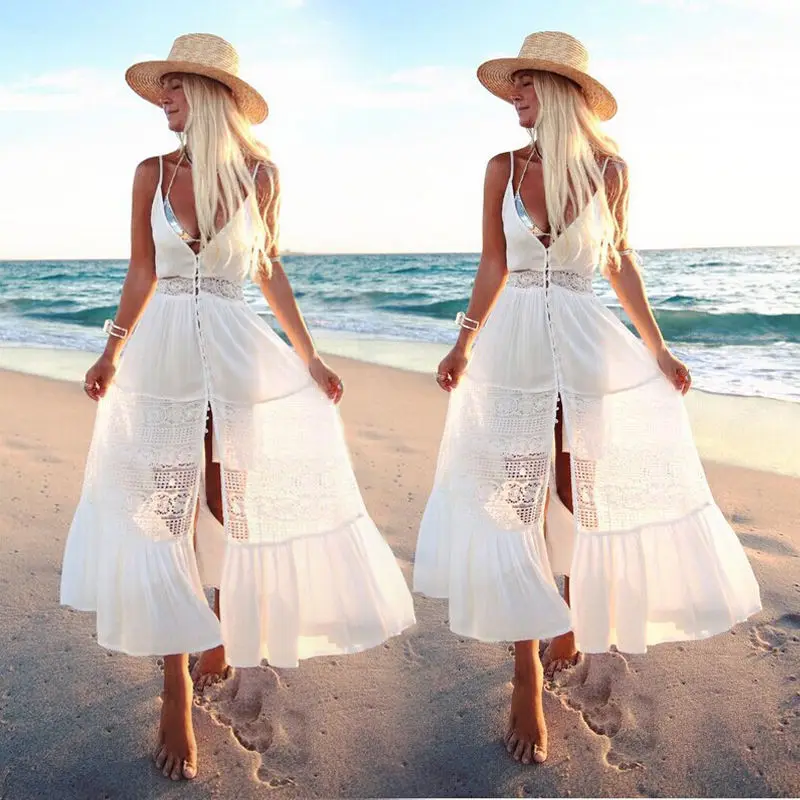 

Boho Women Clothing Dresses Maxi Vintage Floral Sleeveless Deep V Neck Sundress Summer Party Beach Dress Women