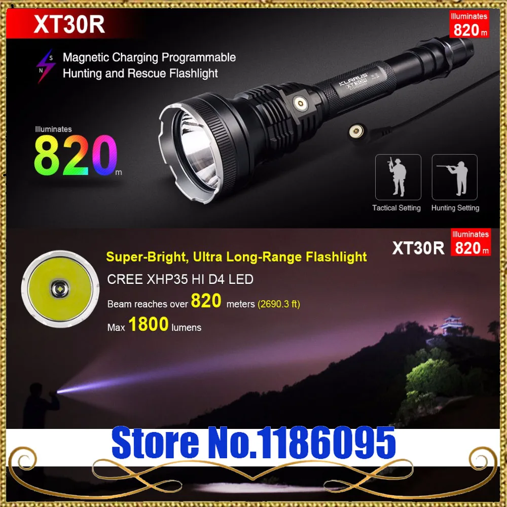 

Free Shipping 1SET Klarus XT30R LED Flashlight 1800 Lumens CREE XHP35 HI D4 LED 6 Mode Torch Camping Waterproof Flashlight