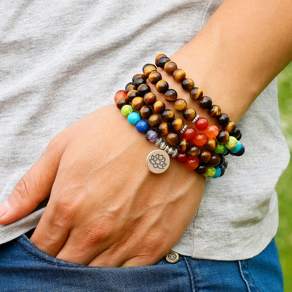 Natural Tiger’s Eye 7 Chakra Bracelet Men Women 8mm Stone Beads Healing Balance Reiki Prayer Yoga Strand Bracelets Jewelry