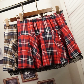 

New England style Spring and Autumn Korean version sweet plaid printing College winds girls skirt Lace stitching mini skirt