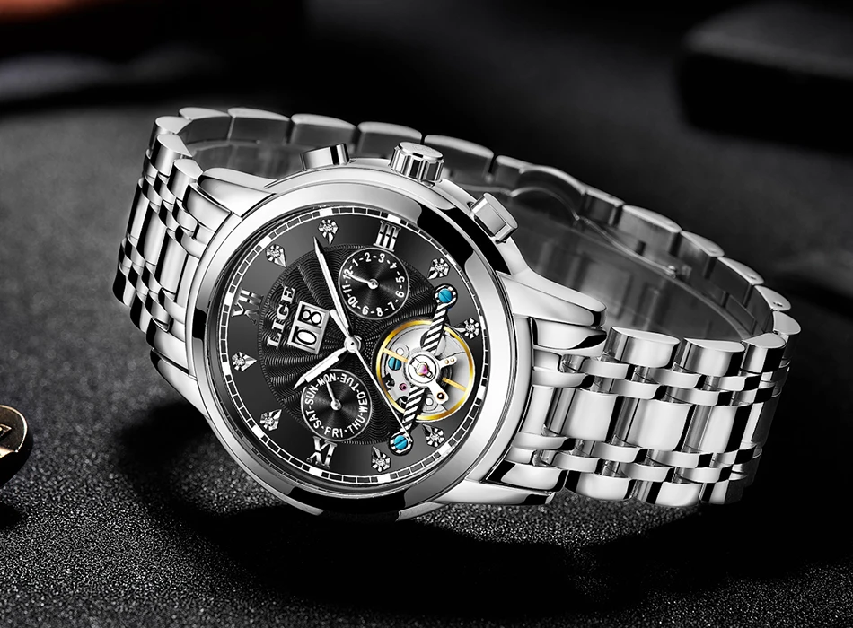Marca lige masculino relógio automático mecânico tourbillon