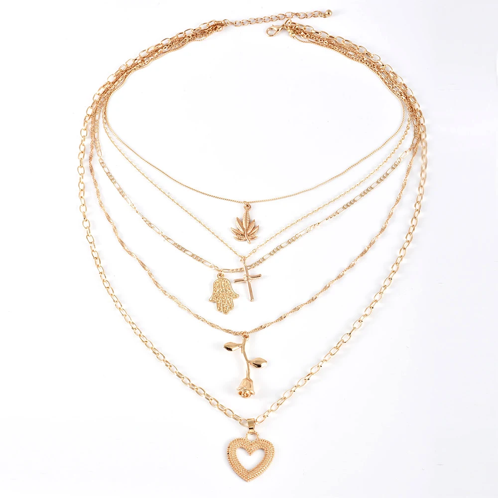 New Fashion Multi layer Flower Leaf palm Cross Heart Shape Necklaces & Pendants For Women Trendy Charm Gold Necklace Jewelry