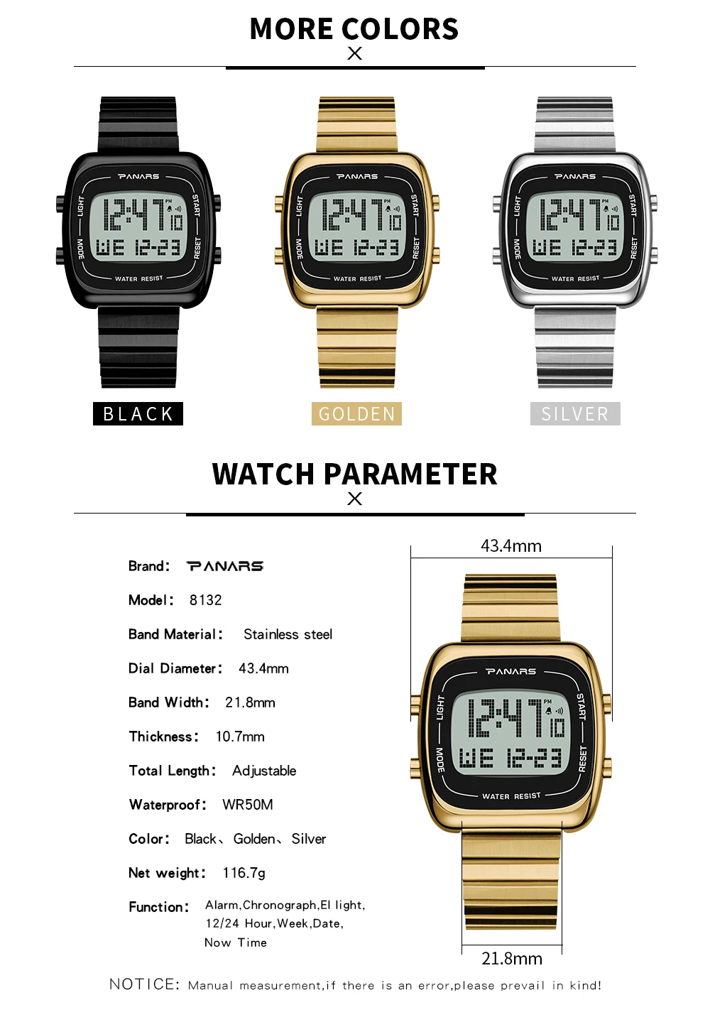 PANARS Sports Digital Watches Men Business Square Retro Waterproof Count Down Timer Digital Stopwatch Clock g Watch Shock Gold