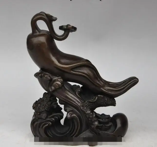 

S04005 9" china fengshui bronze wealth Golden Toad ruyi Longevity Panax ginseng statue B0403