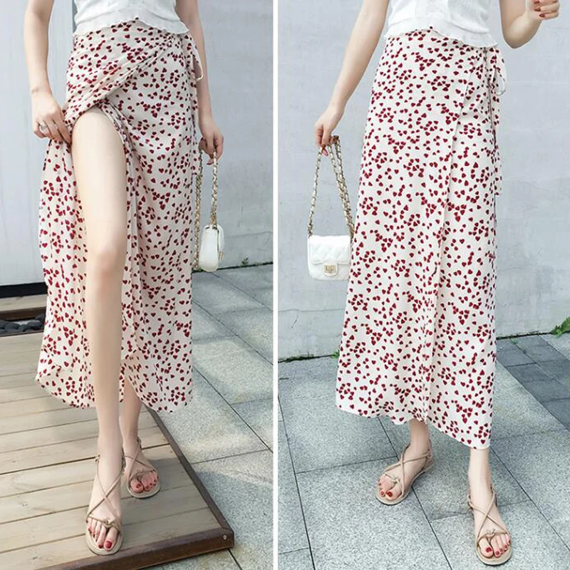 

2019 New Floral Chiffon Long Skirts Spring Summer High Waist Split Bohemian Beach Wrap Skirt