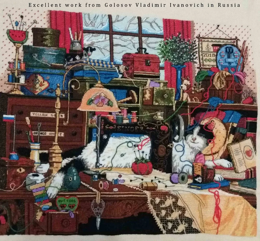 cross stitch kit Maggie The Messmaker sewing machine cat kitty dimensions 03884, sewing room