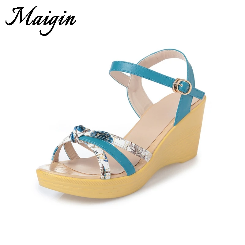Maigin Genuine Leather Wedges Shoes for Women High Heels Platform Shoes 2018 Peep Toe Bohemian Sandals Cow Leather Ladies Shoes