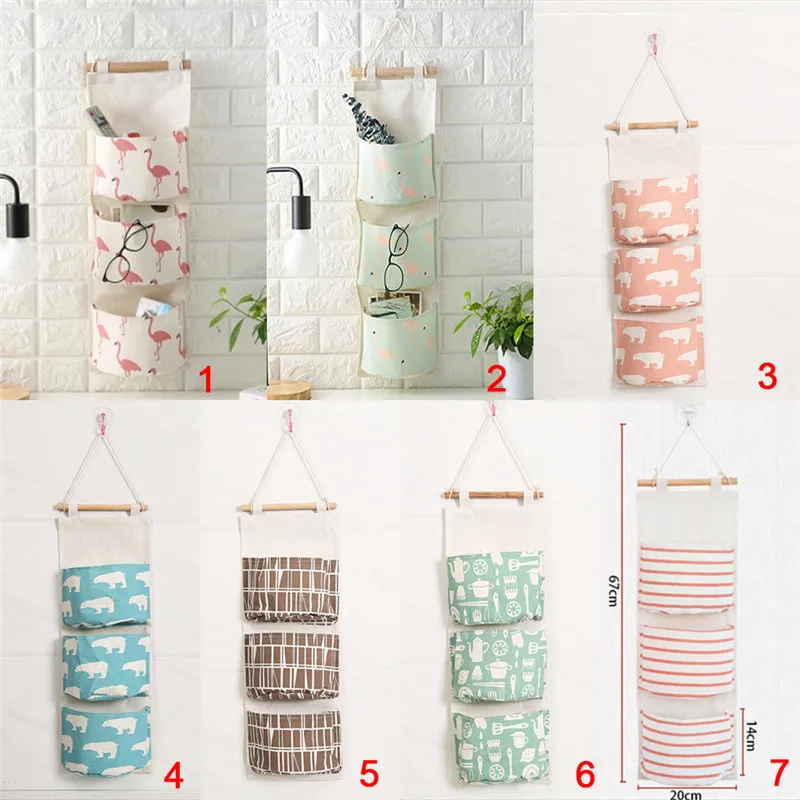 

71Cm*20Cm Fashion Pattern Cotton Linen Wardrobe Door Wall Hanging Pouch Toys Organizer Pockets Three Layers Storage Bag Flamingo