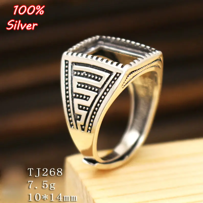 

100% sterling silver 925 jewelry 10*14mm Adjustable Ring Tray for man Setting Square Stone Antique Silver Classical