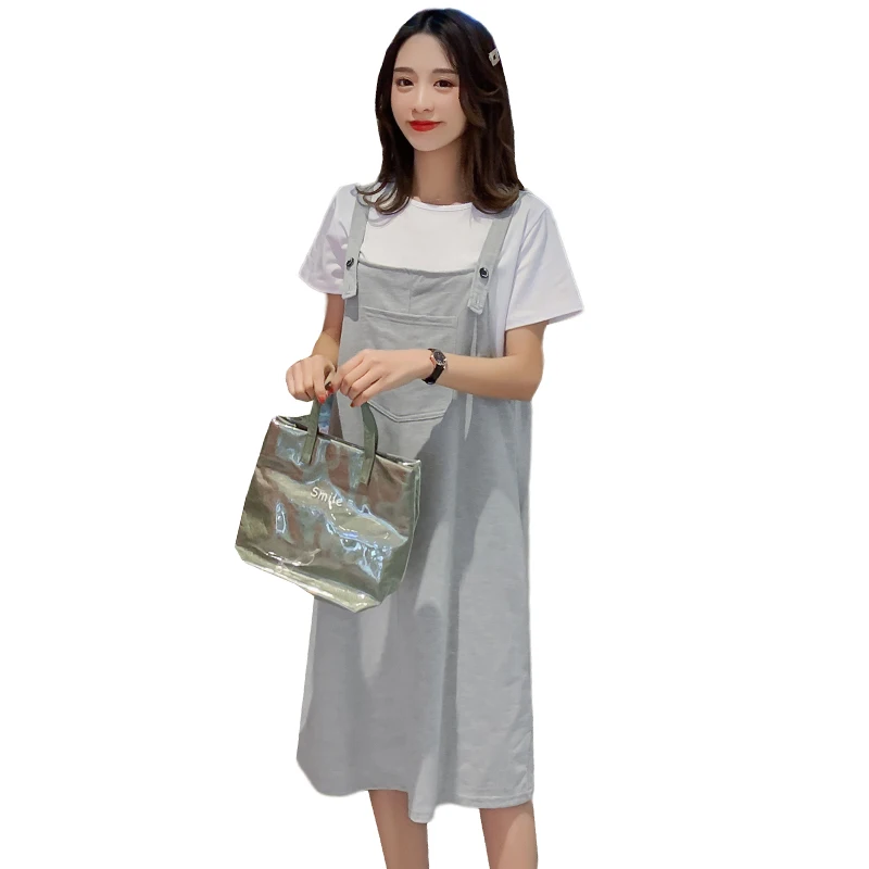 

2019 summer maternity dress suits comfortable shoulder-strap cotton dress+short sleeveT-shirt pregnant women clothes set twinset