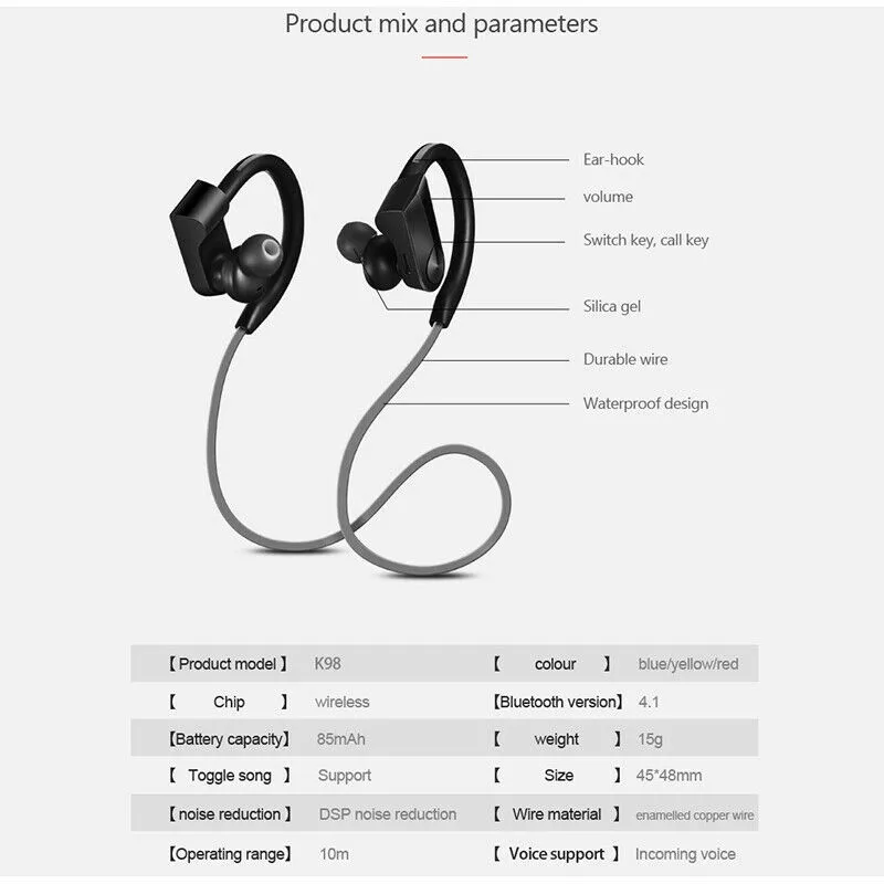 Bluetooth 4.1 Neckband Headphones Ear Hook Earphones with Mic Sports Waterproof Wireless Noise Reduction Headsets