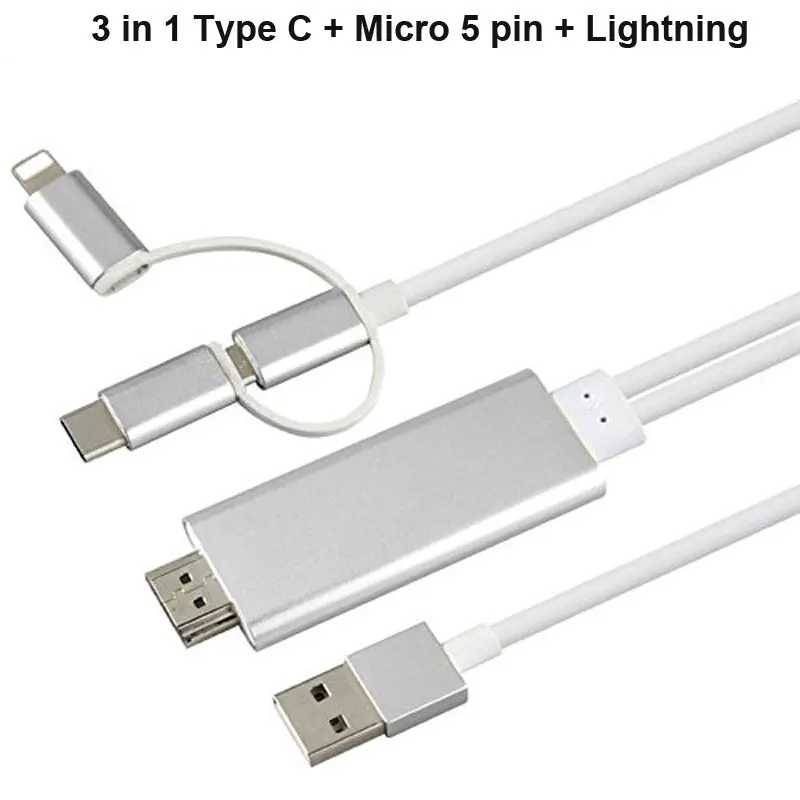 3 в 1 для MHL HDMI кабель для samsung A7 J5/для iPhone X 8 7 6 6 Plus huawei Micro USB к HDMI кабель адаптер HD ТВ разъем - Цвет: 3 in 1 Silver