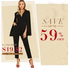SHEIN Black Party Elegant Wrap Plunging V Neck Cloak Long Sleeve Solid High Waist Maxi Jumpsuit Autumn Women Casual Jumpsuit