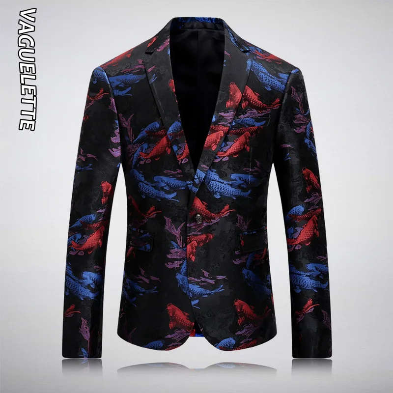 

VAGUELETTE Fashion Men's Blazers And Suit Jackets Pattern Blue Blazer For Men Fish Printed Men Blazer Designs Singers Coats