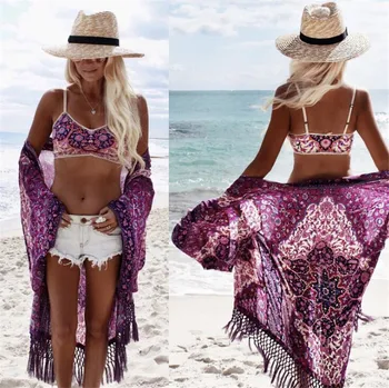 

Melphieer New Sexy Chiffon Purple Tassel Beach Cover Up Bikini Women Swimsuit Cover-up Dress Tunic Robe Bathing Suit Swimwear