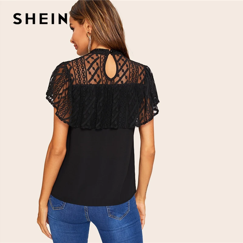 SHEIN Офисная Женская Черная кружевная блузка с рюшами кружевной топ рукавами