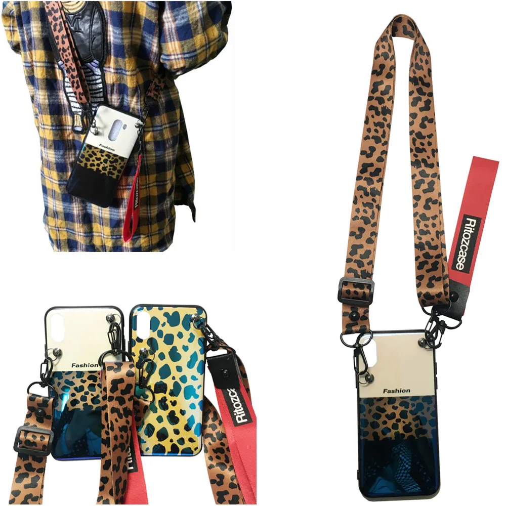 

case for iphone XS MAX XR X 7 8 6 6S plus case cover fahsion 3d leopard blue ray shoulder strap phone case for iphone 5 se 5s