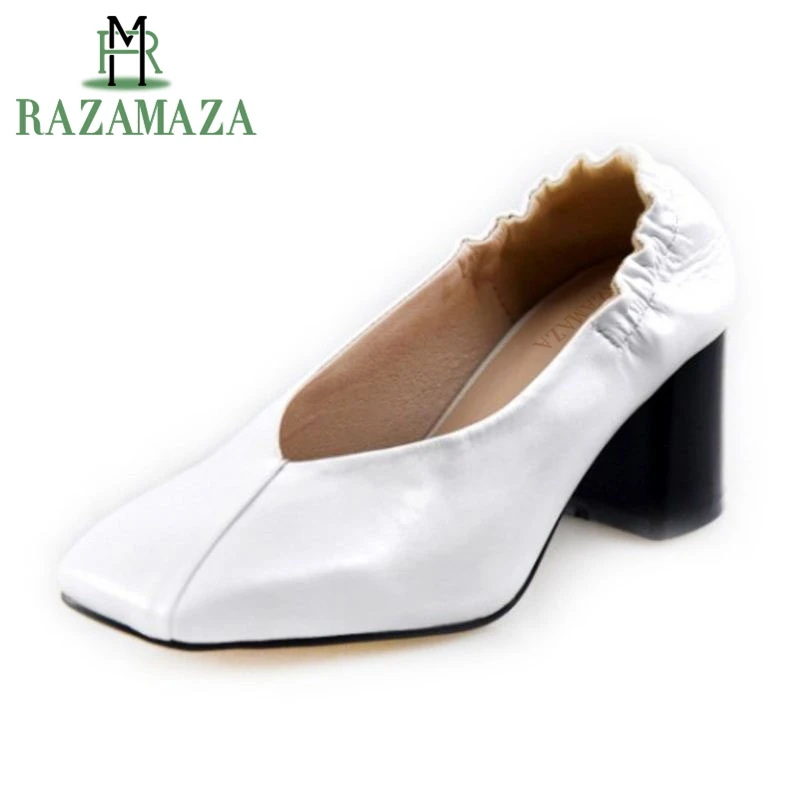 ZALAVOR Classic Women Real Genuine Leather High Heel Shoes Women Square Toe Thick Heel Pumps