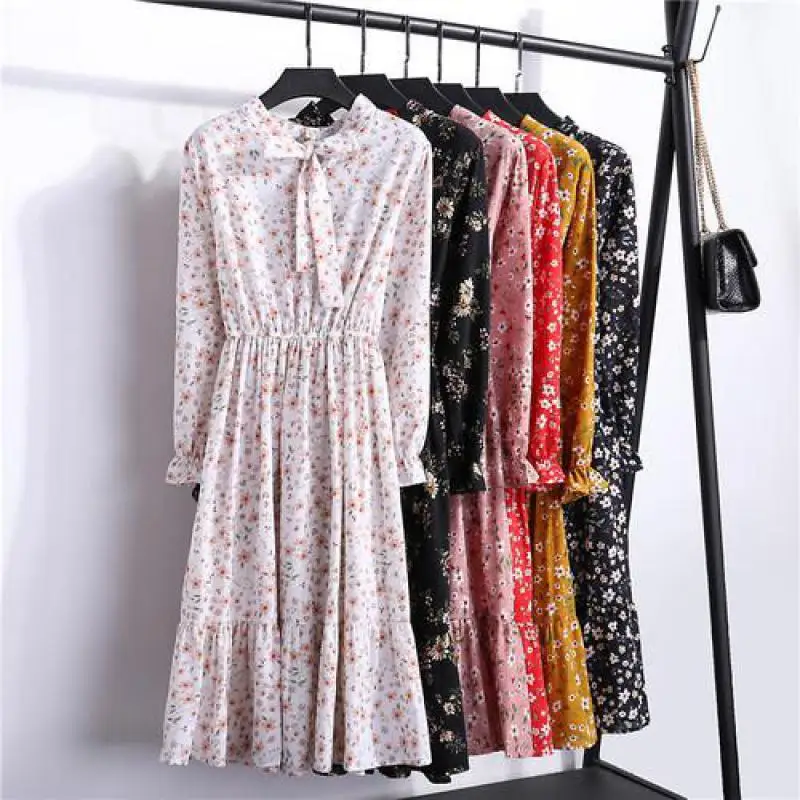 

New 2019 Women Fashion Printed Spring Autumn Clothes Long Sleeve Slim A-line Robe Vestido Eleangt Ladies Chiffon Long Dress