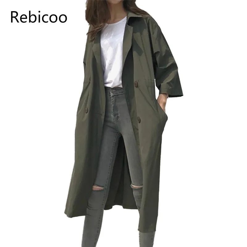 

Fashion Double Breasted Long Trench Coat Women 2018 Spring Autumn New Korean Solid Loose Casual Thin Windbreaker