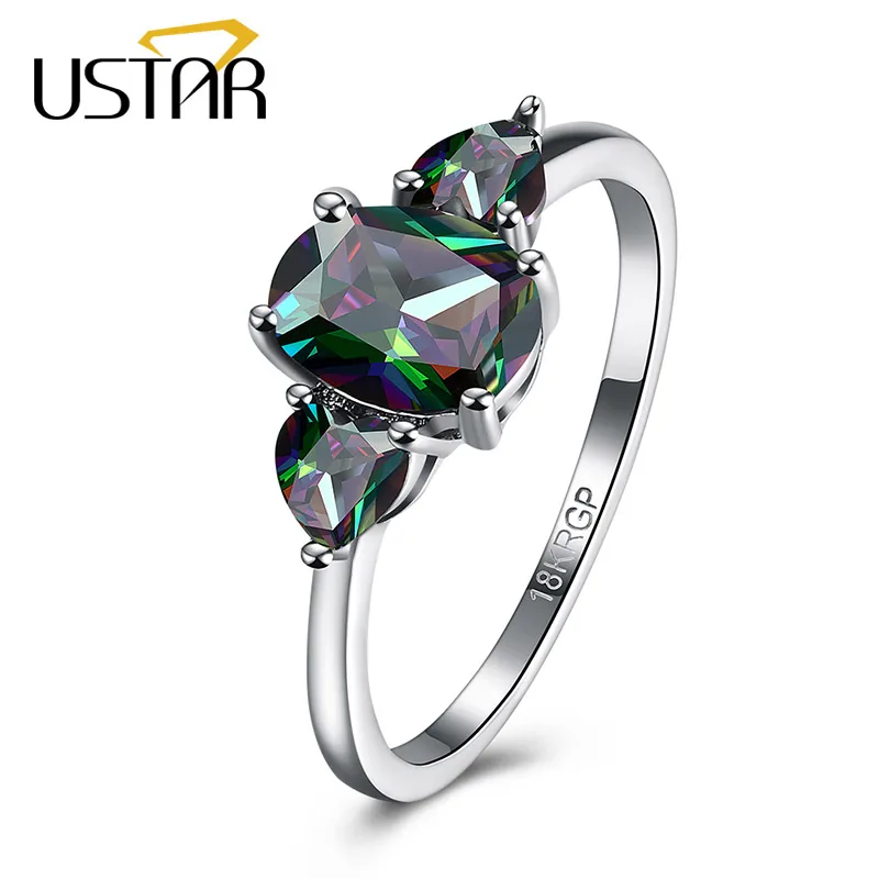 

USTAR Colorful Oval Heart Cubic Zirconia Wedding Rings for women White Gold color engagement rings female gift Anel top quality