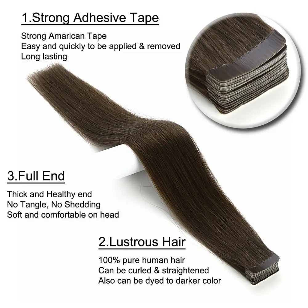 K.S WIGS 10pcs/pack Tape In Remy Human Hair Straight Double Drawn Luxury Adhesive Human Hair Extensions 20''