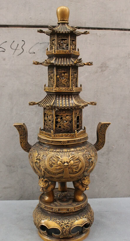 

USPS to USA S1717 28" Chinese Bronze Dragon Lion Head Statue Temple Stupa Incense Burner Censer B0401