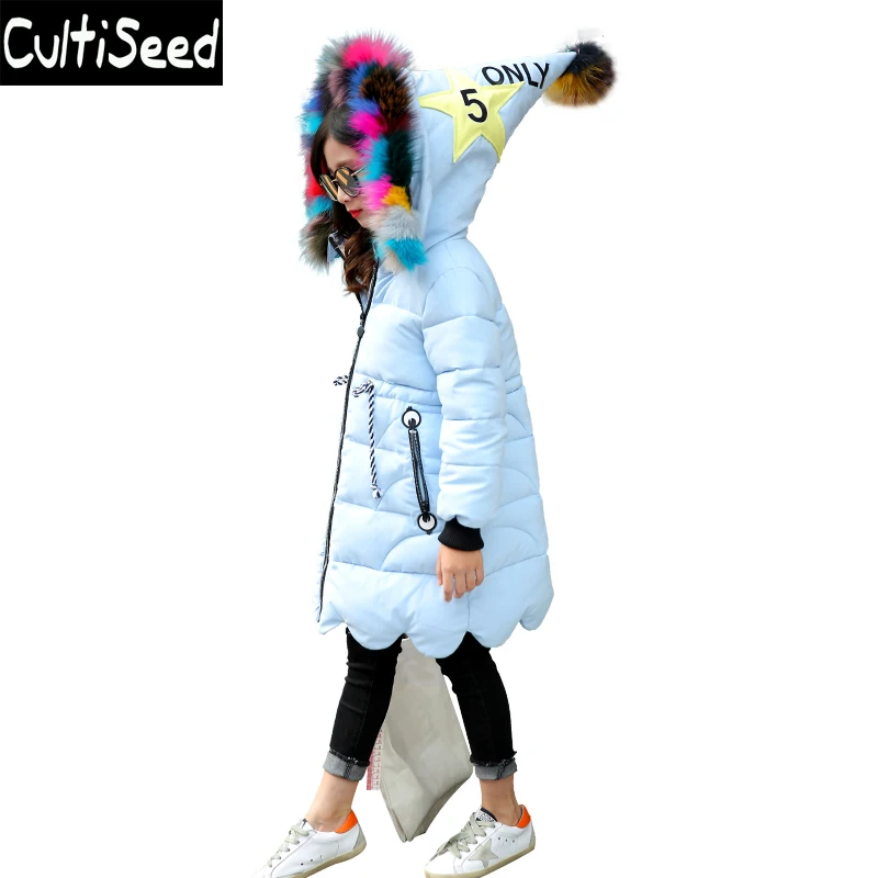 

Girls Parkas Coat with Color Faux Fur Hooded Children Thick Warm Christmas Ball Hat Long Cotton Parkas Outerwear Coats Clothing